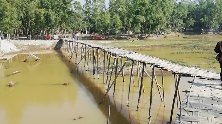 A narrow footbridge on sticks over shallow waters.